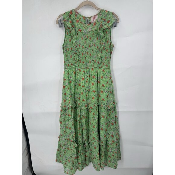 Banjanan Iris Ruffle Floral Midi Dress Women Medium Green Prairie Peasant Boho - Picture 2 of 12